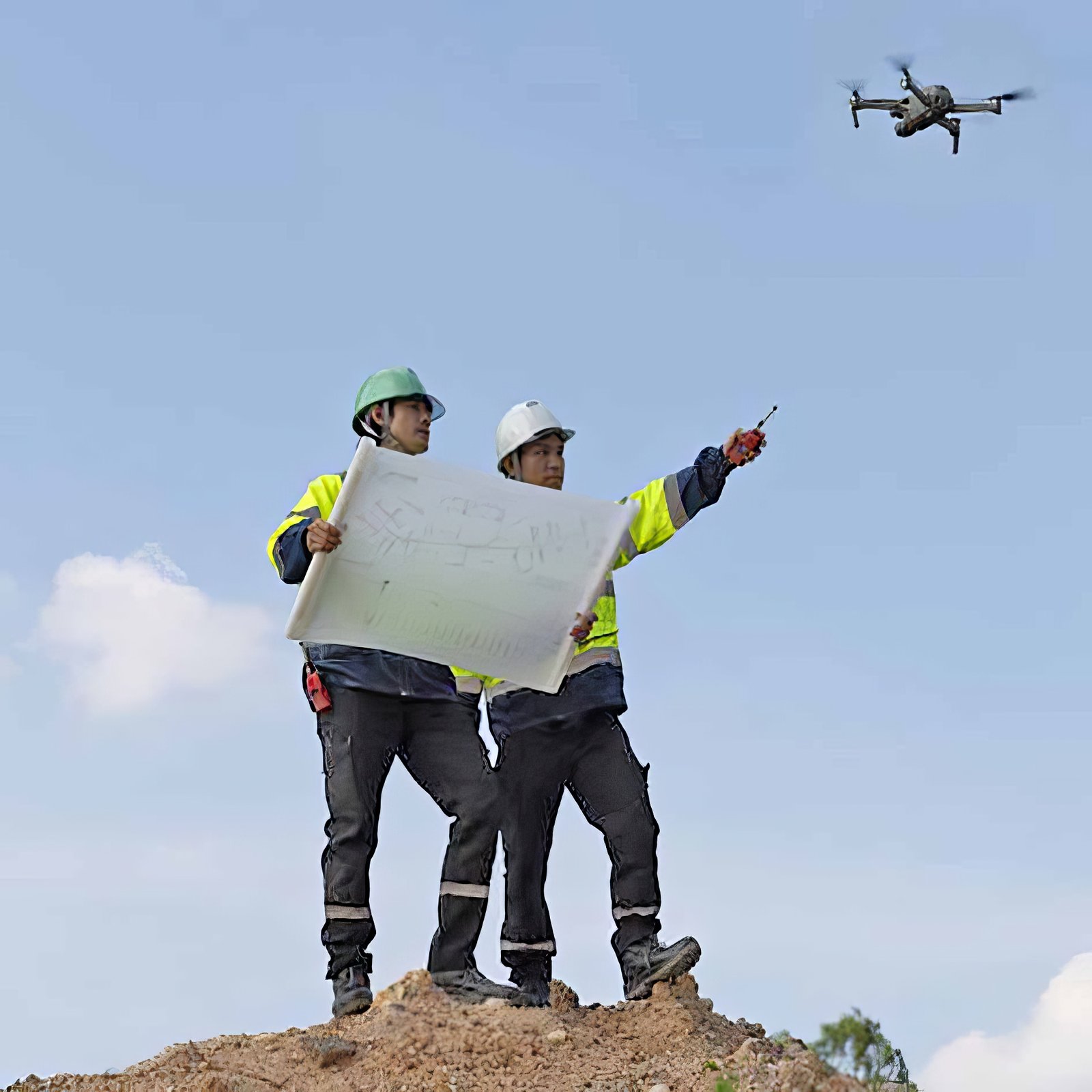 Two male civil engineers stand on a high pile of dirt to survey the area, laying the drainage system with aerial photography equipment as an aid in surveying.